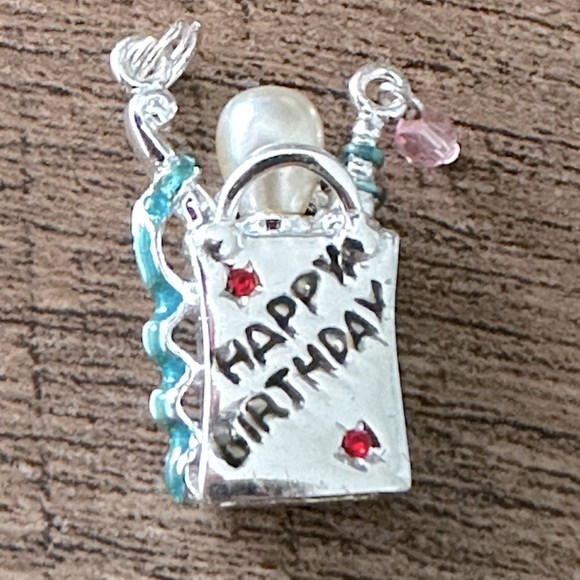 Sterling Silver Detailed Happy Birthday Gift Bag Charm with 4 Ruby Birthstones. - Picture 4 of 6